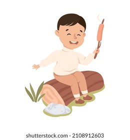 Little Boy Sitting on Log with Fried Sausage on Stick Vector Illustration