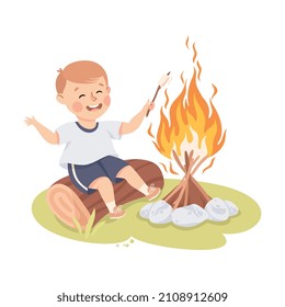 Little Boy Sitting on Log Near Campfire Frying Marshmallow Vector Illustration