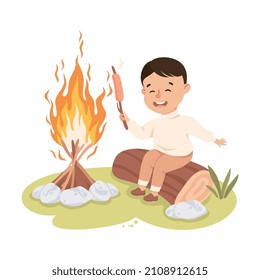 Little Boy Sitting on Log Near Campfire Frying Sausage Vector Illustration