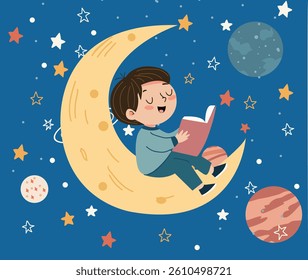 little boy sitting on moon and holding open a book in his hand. Trendy abstract print design, decoration art work template. kid Boy flying in space and reading book flat illustration.