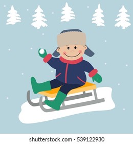 A little boy is sitting on the sledge. There are fir trees on the winter background. Vector illustration.