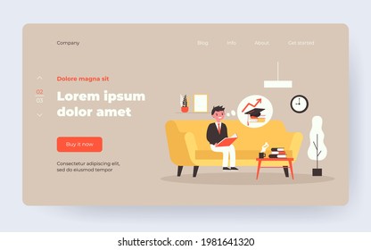 Little boy sitting on sofa and reading book. Study, growth, home flat vector illustration. Education and knowledge concept for banner, website design or landing web page