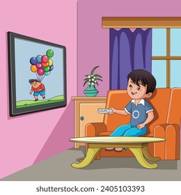 Little boy sitting on the sofa with remote in his hands and watching television vector illustration