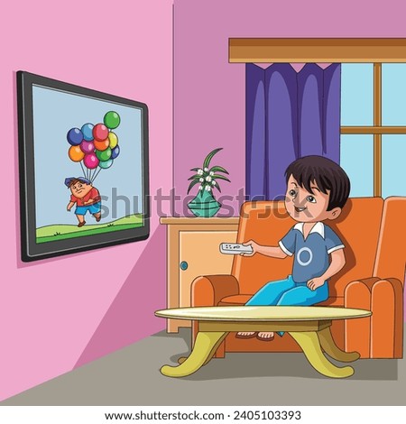 Little boy sitting on the sofa with remote in his hands and watching television vector illustration