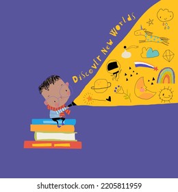 Little Boy sitting on Stack of Book and shining a Flashlight. Vector Illustration