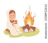 Little Boy Sitting on Tree Stump Near Campfire Covered with Blanket and Drinking Hot Tea Vector Illustration