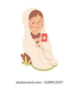 Little Boy Sitting on Tree Stump Covered with Blanket Holding Mug with Hot Tea Vector Illustration