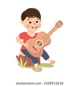 Little Boy Sitting on Tree Stump and Playing Guitar Vector Illustration