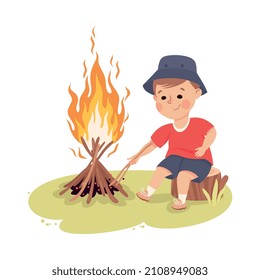 Niño Sentado en un árbol agarrado cerca de una fogata provocando la ilusión del vector de incendios