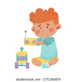 Little Boy Sitting and Playing with RC Toy Vector Illustration