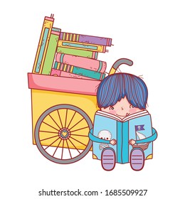 little boy sitting reading book pirates and handcart with books vector illustration