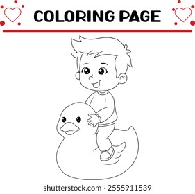 little boy is sitting rubber duck with happy expression coloring page for kids