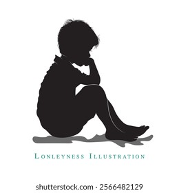 A little boy sitting silhouette, Alone child sitting vector illustration A drawing of school by