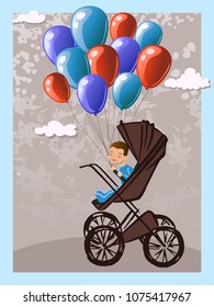 Little boy sitting in a stroller with balloons