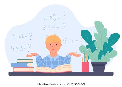 Little boy is sitting at a table with a book and sadly spreads her hands. Schoolboy doing homework. There are math examples in the background. Vector illustration in flat style