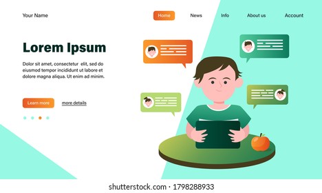 Little boy sitting at table and chatting with friends. Tablet, apple, desk flat vector illustration. Friendship and childhood concept for banner, website design or landing web page