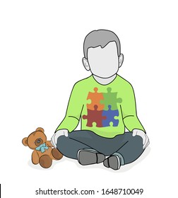 Der kleine Junge sitzt mit einem Teddybär. auf einem T-Shirt-Puzzle, ein Symbol für Autismus.Vektorillustration.