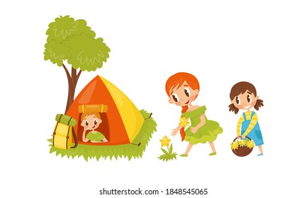 Little Boy Sitting in Tent and Girls Plucking Flowers Vector Illustration Set