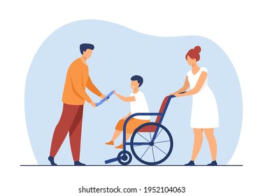 Little boy sitting in wheelchair and taking toy from dad. Nurse, help, treatment flat vector illustration. Hospital and disability concept for banner, website design or landing web page