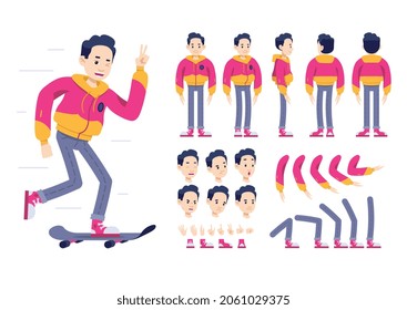 Colección de patineta para animaciones. Carácter joven con diferentes posiciones de brazos, piernas, pies y cabeza. Niño vestido con ropa deportiva. Juego de vectores planos de dibujos animados aislados en fondo blanco