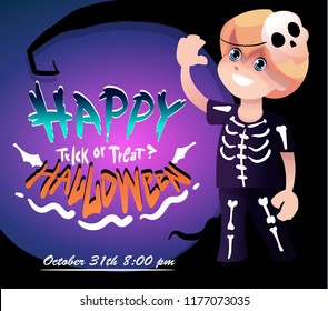 Little boy in a skeleton costume for Halloween.Holiday illustration of happy Halloween