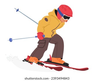 Little Boy Skier. Child Character Glides Down Snowy Slopes, Navigate The Winter Wonderland, Kid Embracing The Thrill Of Skiing With Youthful Exuberance. Cartoon People Vector Illustration