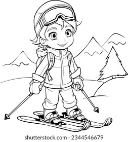 Little boy Skiing, Coloring book for kids.