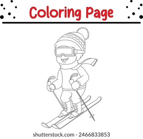 little boy skiing downhill coloring book page for children