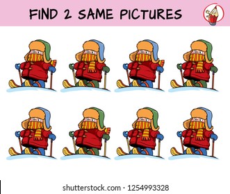 Little boy skiing. Find two same pictures. Educational matching game for children. Cartoon vector illustration