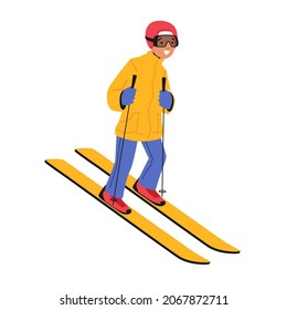 Little Boy Skiing Outdoors Leisure, Winter Sports Activity Isolated on White Background. Child Wearing Costume and Goggles Going Downhill by Skis. Child Active Spare Time. Cartoon Vector Illustration