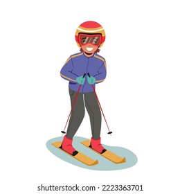 Pequeño niño esquiando al aire libre, actividad deportiva de invierno aislada en fondo blanco. Vestido infantil con vestuario y gafas cuesta abajo por esquí. Tiempo de repuesto activo para niños. Ilustración del vector de dibujos animados