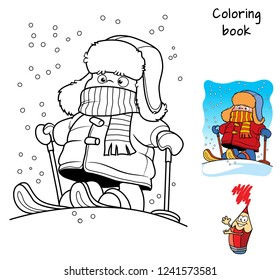 Little boy skiing. Winter holiday. Coloring book. Cartoon vector illustration