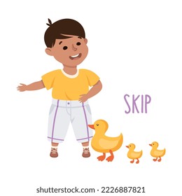 Little Boy Skipping Yellow Duck with Duckling Demonstrating Vocabulary and Verb Studying Vector Illustration