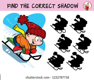 Little boy sledding down the hill. Find the correct shadow. Educational matching game for children. Cartoon vector illustration