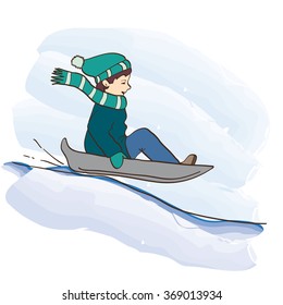 The little boy sledding downhill . Vector illustration cartoon.