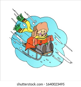 Little boy sledding in an orange jacket, gloves, a yellow scarf, a brown hat, laughs. Illustrations for children's books. Children's drawing. Vector.