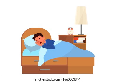Little boy sleep. Person rest in the bed on the pillow late at night. Peaceful dream and relax. Vector illustration in cartoon style