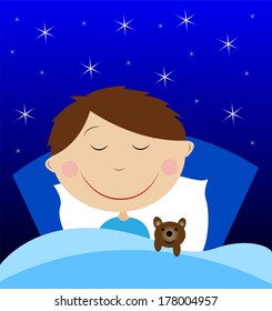 little boy sleep under blanket with toy bruin, vector illustration
