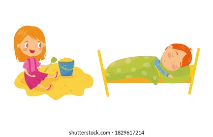 Little Boy Sleeping in Bed and Girl Playing in Sandbox Vector Set