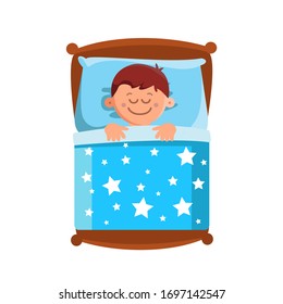 Little Boy Sleeping In Bed, Sweet Dreams Vector. Character Happy Smiling Small Child Lying In Comfortable Bed On Pillow And Covered With Blanket. Schoolboy Bedding Flat Cartoon Illustration