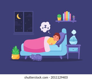 Little boy sleeping in bedroom with air humidifier. Healthy sleep. Vector illustration