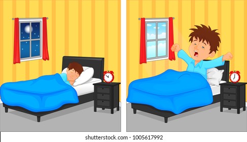 Little boy sleeping in bedroom at night and he wake up in the morning