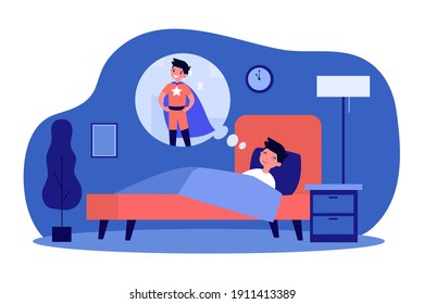 Little boy sleeping and dreaming about super power. Bed, cape, strength flat illustration. Childhood and imagination concept for banner, website design or landing web page