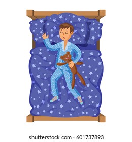 Little boy sleeping in her bed with teddy bear. Kid's activity. Good night time. Vector Illustration. Modern flat style cartoon clipart