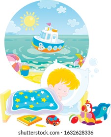 Little boy sleeping in his bed and dreaming of a beautiful small toy ship in blue water of a sea beach on a sunny summer day, vector cartoon illustration on a white background