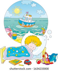 Little boy sleeping in his bed and dreaming of a beautiful small toy ship in blue water of a sea beach on a sunny summer day, vector cartoon illustration on a white background