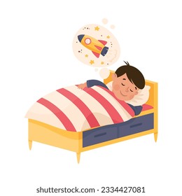 Little Boy Sleeping in His Bed Under Blanket Dreaming of Rocket Having Night Rest Vector Illustration