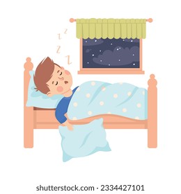 Little Boy Sleeping in His Bed Under Blanket Having Night Rest Vector Illustration