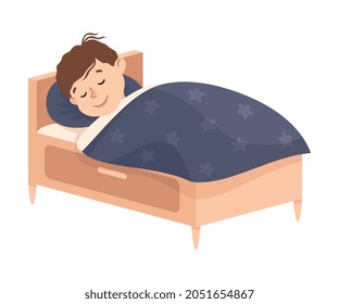 Little Boy Sleeping in His Bedroom Covered with Blanket Engaged in Daily Activity and Everyday Routine Vector Illustration
