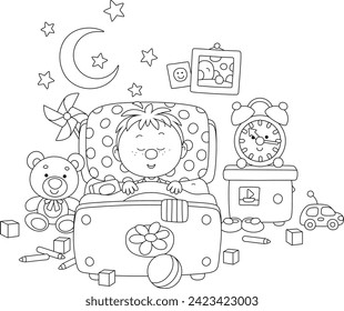 Little boy sleeping in his pretty small bed among funny toys in a nursery room on a moonlit night, black and white vector cartoon illustration for a coloring book